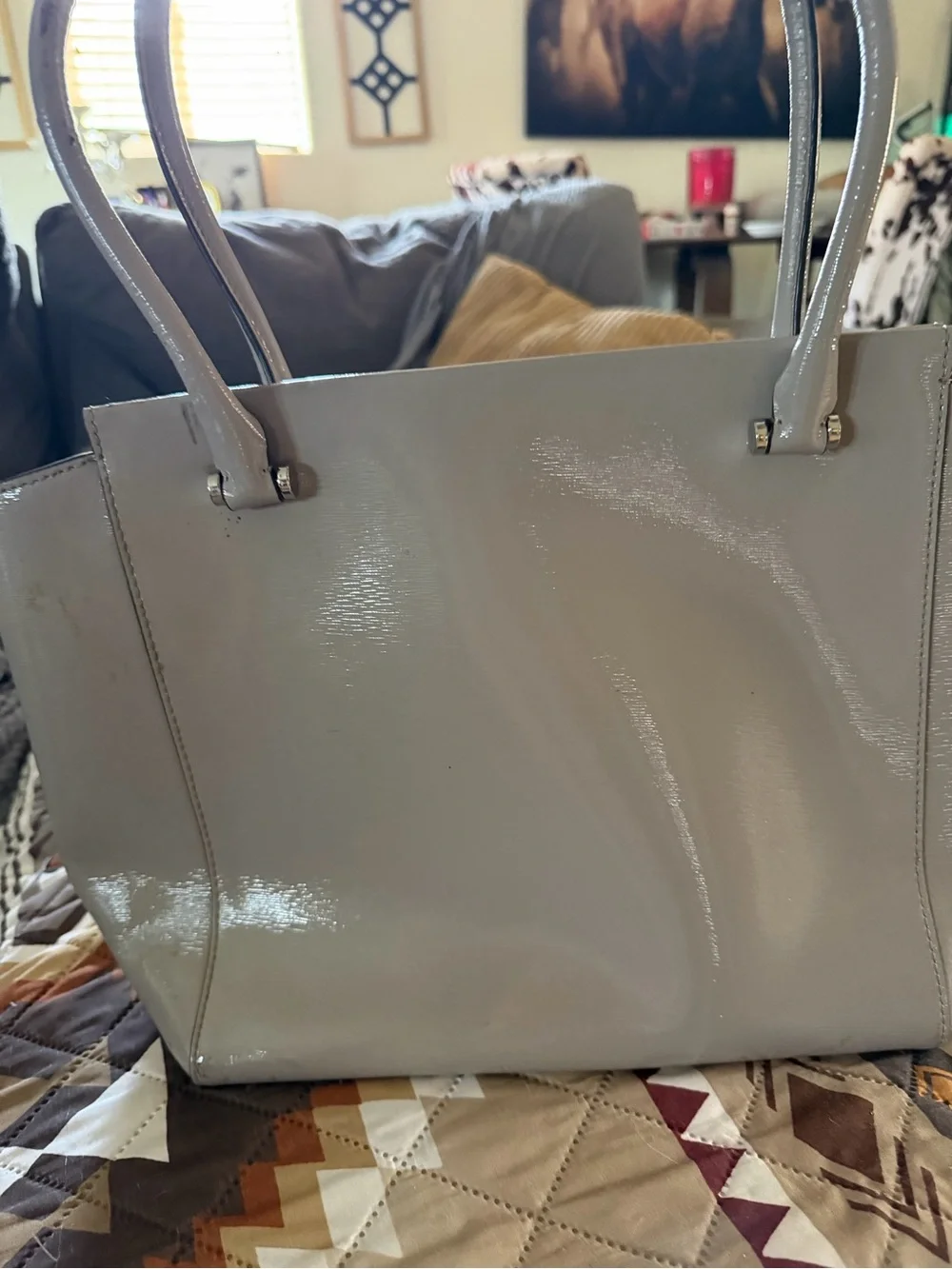 kate spade Glossy Light Gray Patent Leather Tote